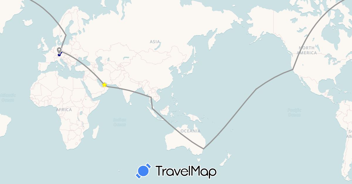TravelMap itinerary: driving, plane in United Arab Emirates, Australia, Czech Republic, Germany, Malaysia, Oman, Sweden, Thailand, United States (Asia, Europe, North America, Oceania)